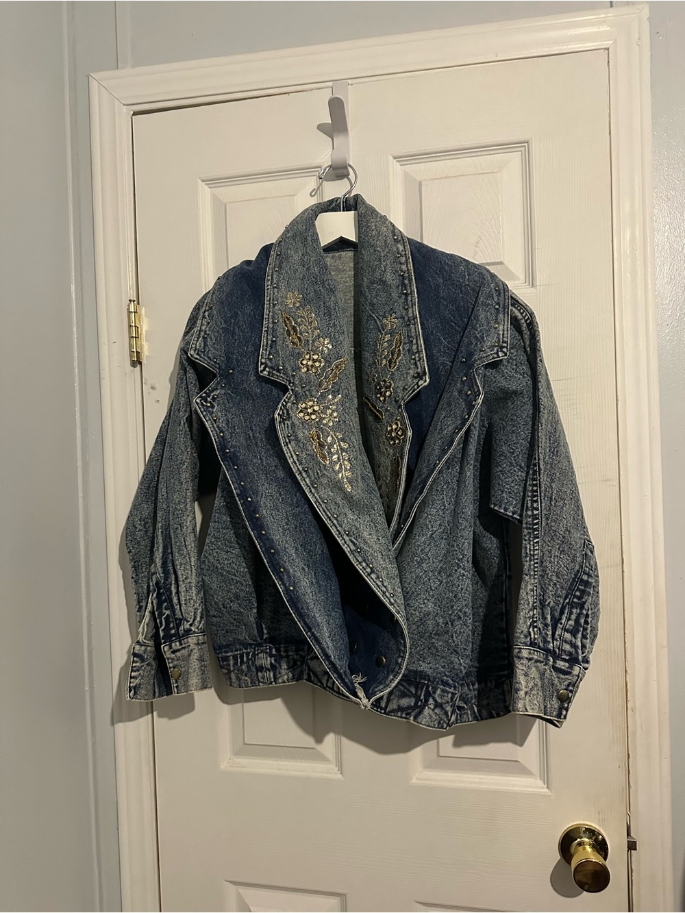 Pretty Blue Denim Jacket‎ with Gold Embellished Lapels